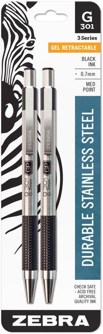Zebra G301 Stainless Steel Gel Retractable Pens .7mm 2/Pkg-Medium Point, Black Ink 41312