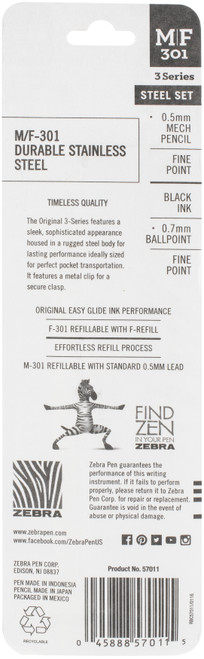 Zebra M/F 301 Stainless Steel Pen & Pencil Set 2/Pkg-Pen 0.7mm & Mechanical Pencil 0.5mm - 57011