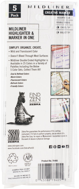 Zebra Mildliner Double Ended Marker Bold & Fine Point 5/Pkg-Refresh Mild 78405