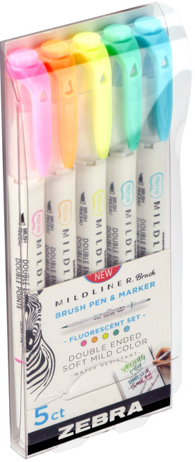 Zebra Mildliner Double Ended Brush Pen & Marker 5/Pkg-Fluorescent - 79105
