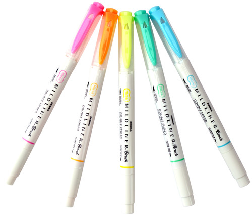 Zebra Mildliner Double Ended Brush Pen & Marker 5/Pkg-Fluorescent 79105