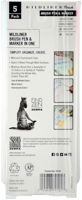 Zebra Mildliner Double Ended Brush Pen & Marker 5/Pkg-Fluorescent - 79105 Zebra Mildliner Double Ended Brush Pen & Marker 5/Pkg-Fluorescent - 79105