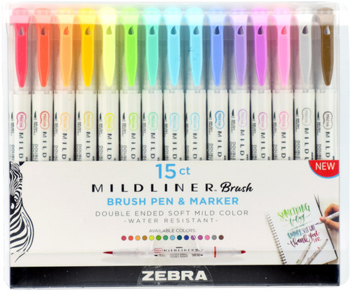 Zebra Mildliner Double Ended Brush Pen & Marker 15/Pkg-Assorted Colors 79115 - 045888791152