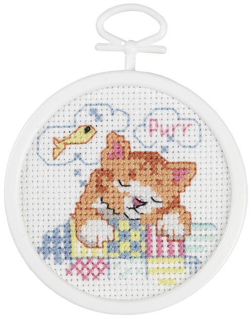 6 Pack Janlynn Mini Counted Cross Stitch Kit 2.5" Round-Dreaming Kitty (18 Count) 21-1040 - 029064210408