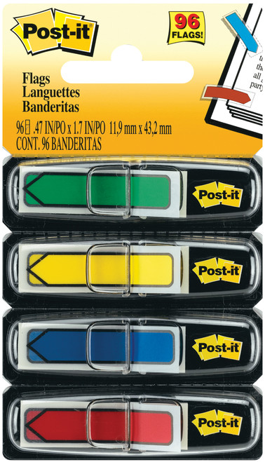 3 Pack Post-It Arrow Flags .47"X1.7" 96/Pkg-Assorted Primary Colors -684ARR-3 - 021200503511