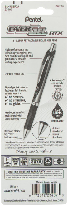 3 Pack Pentel EnerGel Deluxe Retractable Liquid Gel Pens .5mm 2/Pkg-Black BLN75BP2