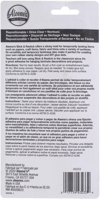 4 Pack - Aleene's Stick & Restick Adhesive Carded-4oz - 43233 4 Pack - Aleene's Stick & Restick Adhesive Carded-4oz - 43233