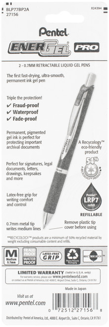 2 Pack - Pentel EnerGel PRO Permenant Gel Pen .7mm 2/Pkg-Black - BLP77BP2