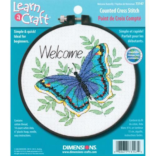 3 Pack Dimensions Learn-A-Craft Counted Cross Stitch Kit 6" Round-Welcome Butterfly (14 Count) 73147 - 088677731472
