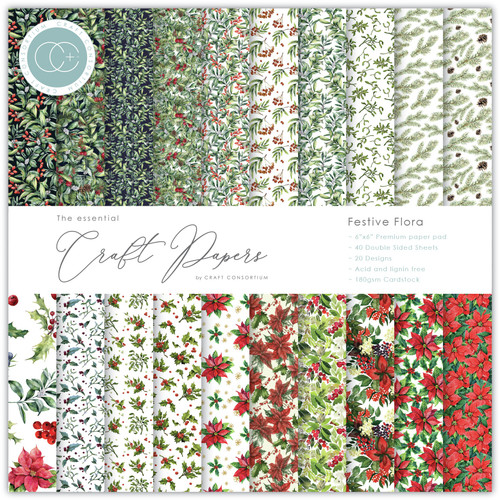 Craft Consortium Double-Sided Paper Pad 6"X6" 40/Pkg-Festive Flora, 20 Designs CPAD011B - 5060394628131