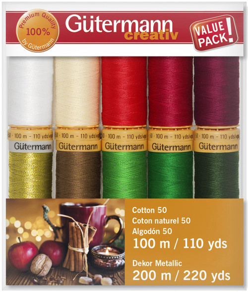 Gutermann Cotton 50 Holiday Thread Set - 10 Spools-Collection 1 - Gold Metallic - 734021-1 - 077780061392