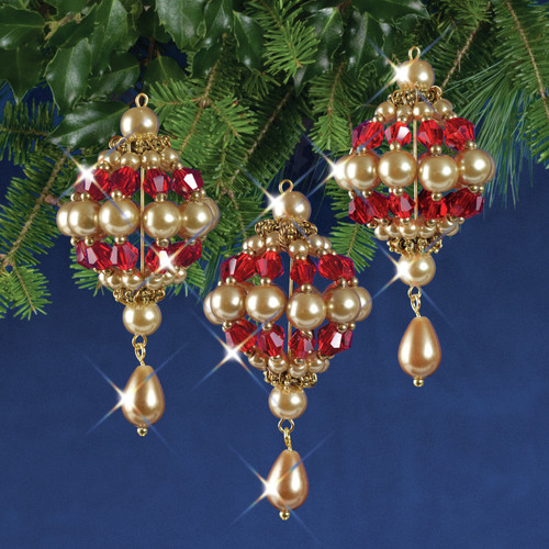 2 Pack Solid Oak Nostalgic Christmas Beaded Crystal Ornament Kit-Ruby & Gold Baroque Drops Makes 4 NCHBOK-013