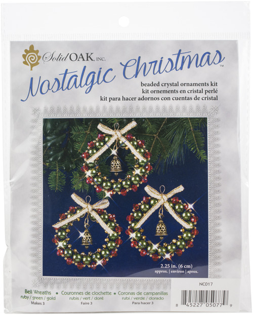 2 Pack Solid Oak Nostalgic Christmas Beaded Crystal Ornament Kit-Ruby, Green & Gold Bell Wreaths NCHBOK-017 - 845227050779