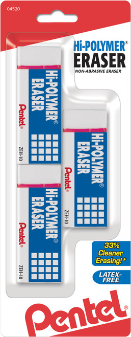 3 Pack - Pentel Hi-Polymer Block Erasers 1"X2.5"X.25" 3/Pkg-White - ZEH10BP3 - 072512045206