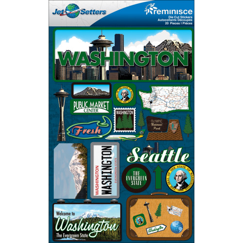 3 Pack Reminisce Jet Setters State Dimensional Stickers 4.5"X7.5"-Washington JST00-46 - 895707165462