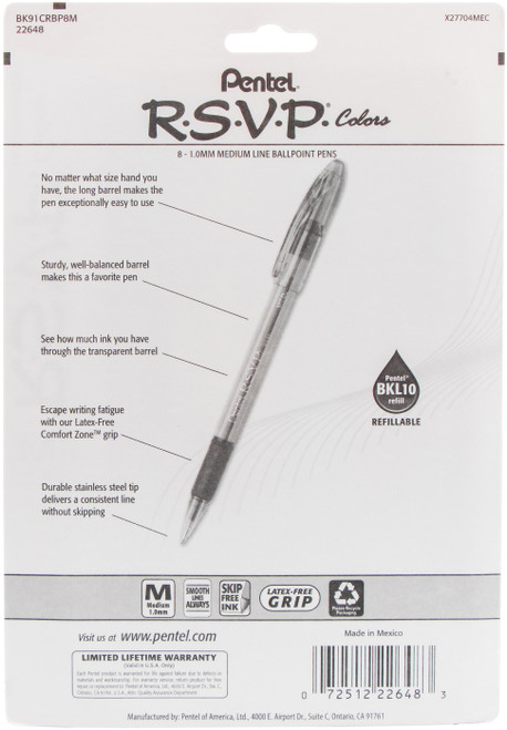 3 Pack Pentel R.S.V.P. Medium Ballpoint Pens 8/Pkg-Assorted Colors BK91CRBP