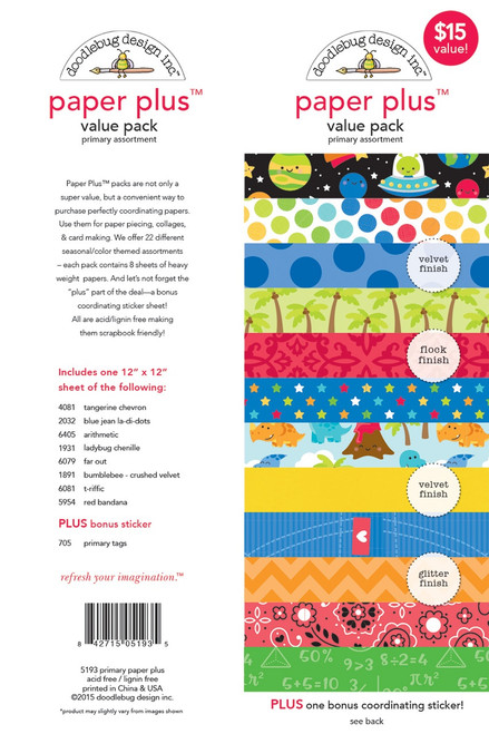 3 Pack Doodlebug Paper Plus Value Pack 12"X12"-Primary PPAP-5193 - 842715051935