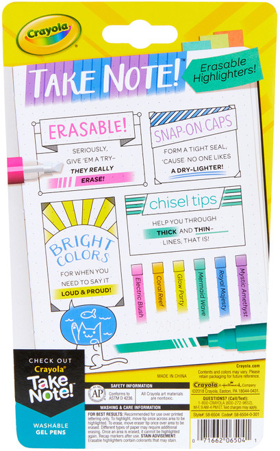 2 Pack - Crayola Take Note! Erasable Highlighters 6/Pkg-Assorted Colors - 58-6504 2 Pack - Crayola Take Note! Erasable Highlighters 6/Pkg-Assorted Colors - 58-6504