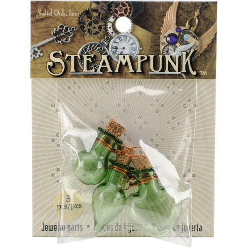 3 Pack - Solid Oak Steampunk Glass Accents 3/Pkg-Fancy Green Bottles - STEAM217 - 845227041777