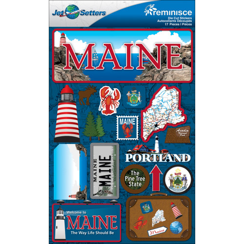 3 Pack Reminisce Jet Setters State Dimensional Stickers 4.5"X7.5"-Maine JST00-18 - 895707165189