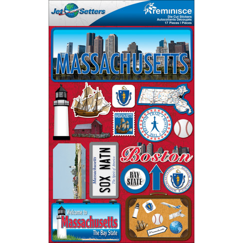 3 Pack - Reminisce Jet Setters State Dimensional Stickers 4.5"X7.5"-Massachusetts - JST00-20 - 895707165202