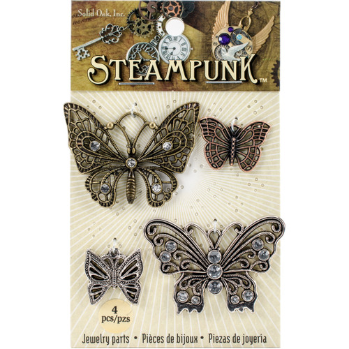 3 Pack - Solid Oak Steampunk Metal Accents 4/Pkg-Butterflies - STEAM011 - 845227021311