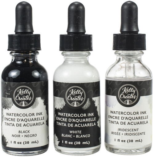 Kelly Creates Liquid Watercolor Set 3/Pkg-Black, White & Iridescent - 354719 Kelly Creates Liquid Watercolor Set 3/Pkg-Black, White & Iridescent - 354719
