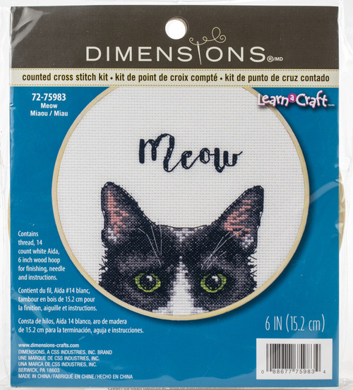 2 Pack Dimensions Counted Cross Stitch Kit 6" Round-Meow (14 Count) 72-75983 - 088677759834