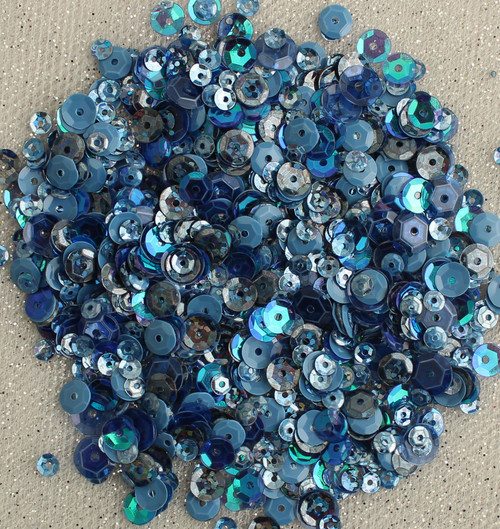 6 Pack Buttons Galore 28 Lilac Lane Tin W/Sequins 40g-Denim Blues LL306