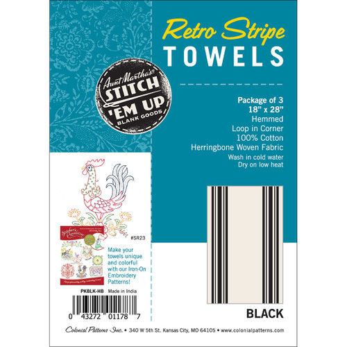 2 Pack - Aunt Martha's Stitch 'Em Up Retro Stripe Towels 18"X28" 3/Pk-Black Stripe - PKBLK-HB 2 Pack - Aunt Martha's Stitch 'Em Up Retro Stripe Towels 18"X28" 3/Pk-Black Stripe - PKBLK-HB