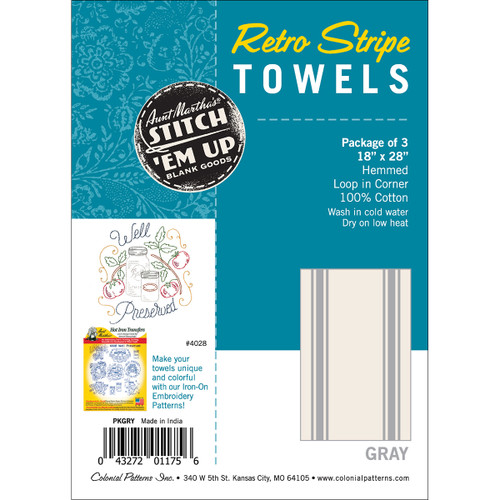 2 Pack Aunt Martha's Stitch 'Em Up Retro Stripe Towels 18"X28" 3/Pk-Gray Stripe PKGRY