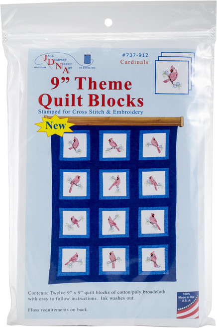 2 Pack Jack Dempsey Themed Stamped White Quilt Blocks 9"X9" 12/Pkg-Cardinals 737 912 - 013155529128