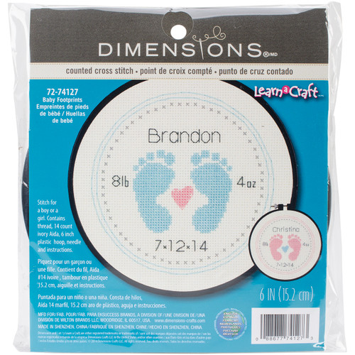 3 Pack Dimensions Learn-A-Craft Counted Cross Stitch Kit 6" Round-Baby Footprints (14 Count) 72-74127 - 088677741273