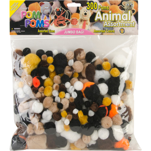 3 Pack Pepperell Pom-Poms Assorted 300/Pkg-Animal POM-PMV - 725879829216