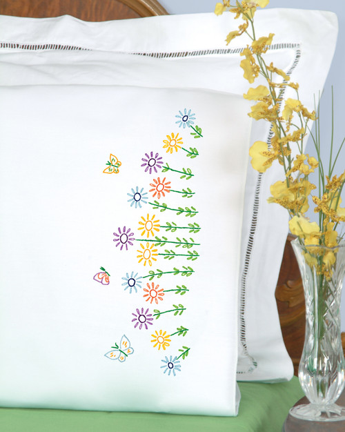 Jack Dempsey Stamped Pillowcases W/White Perle Edge 2/Pkg-Field Of Flowers - 1600 928