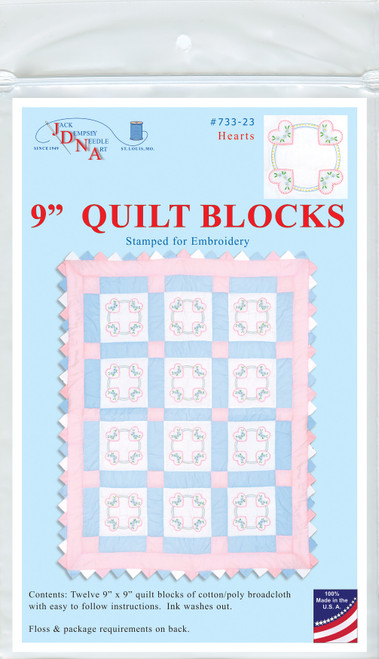 Jack Dempsey Stamped White Quilt Blocks 9"X9" 12/Pkg-Hearts - 733 23 - 013155480238