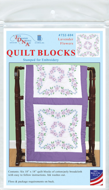 Jack Dempsey Stamped White Quilt Blocks 18"X18" 6/Pkg-Lavender Flowers 732 694 - 013155476941