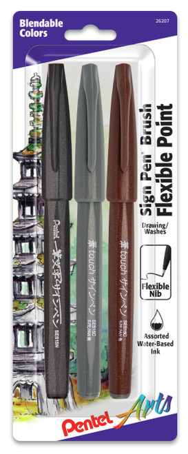 3 Pack Pentel Arts Sign Pens With Brush Tip 3/Pkg-Assorted 15PABP3M - 072512262078