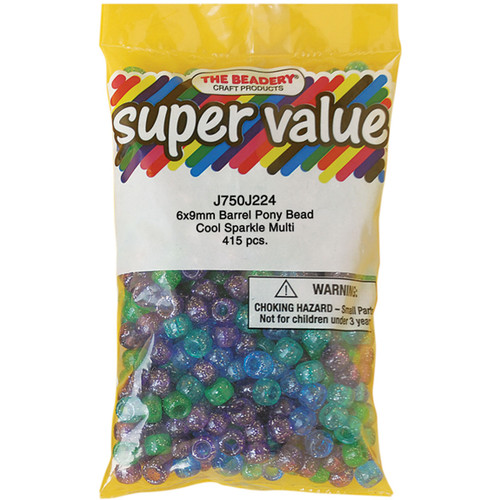 3 Pack - The Beadery Pony Beads 6mmX9mm 415/Pkg-Cool Sparkle Multicolor - J750-J224 - 045155906654