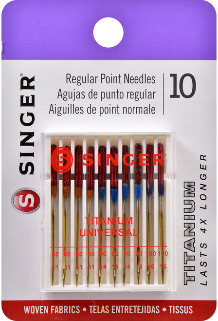 3 Pack - SINGER Titanium Universal Regular Point Machine Needles-Sizes 11/80 (4), 14/90 (4) & 16/100 (2) - 04808 - 075691048082