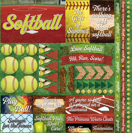 3 Pack Reminisce Elements Cardstock Stickers 12"X12"-Softball 2 TSOFC102 - 819442021333