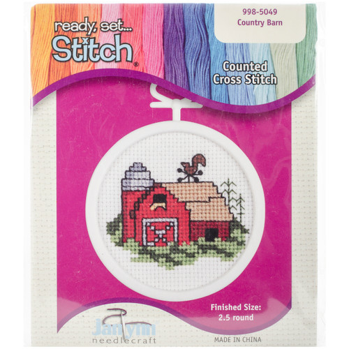 6 Pack - Janlynn Mini Counted Cross Stitch Kit 2.5" Round-Barn (18 Count) - 998-5049 - 049489005786