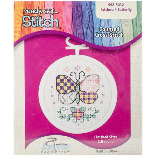 6 Pack - Janlynn Mini Counted Cross Stitch Kit 2.5" Round-Patchwork Butterfly (18 Count) - 998-5032 - 049489006707