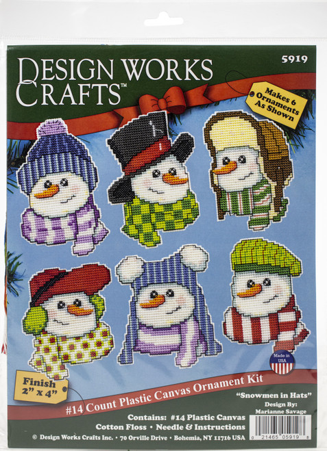 Design Works Plastic Canvas Ornament Kit 3"X3.5" Set Of 6-Snowmen In Hats (14 Count) - DW5919 - 021465059198