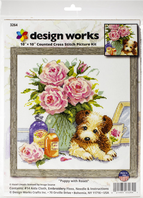 Design Works Counted Cross Stitch Kit 10"X10"-Puppy W/Roses (14 Count) DW3264 - 021465032641