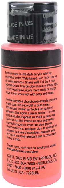 Folkart Glow In The Dark Paint 2oz-Red - FGLOW-7228 Folkart Glow In The Dark Paint 2oz-Red - FGLOW-7228