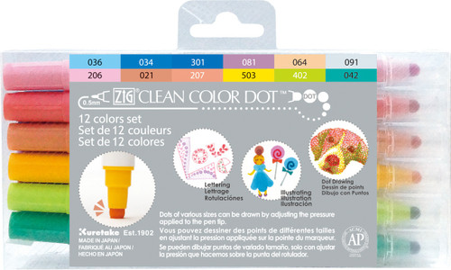 Kuretake ZIG Clean Color Dot Dual-Tip Markers 12/Pkg-Assorted Colors TC610012 - 847340038061