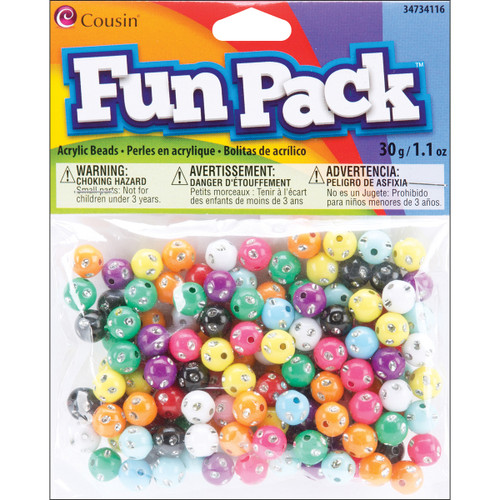 6 Pack Cousin Fun Pack Acrylic Round Beads 1.1oz-Assorted W/Rhinestones 34734116 - 016321082892
