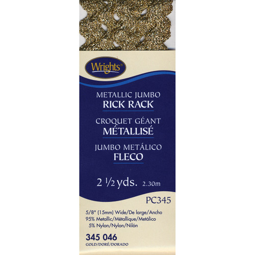 3 Pack - Wrights Jumbo Metallic Rickrack .625"X2.5yd-Gold - 117-345-046 - 070659294532
