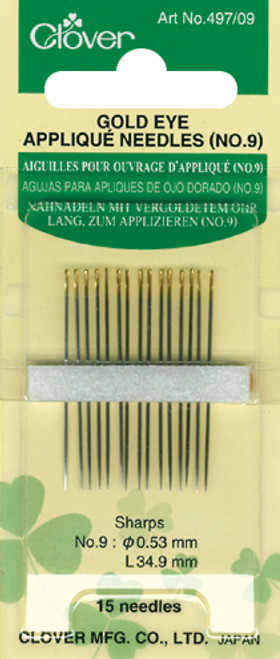 6 Pack Clover Gold Eye Applique Needles-Size 9 15/Pkg 497-9 - 051221403217